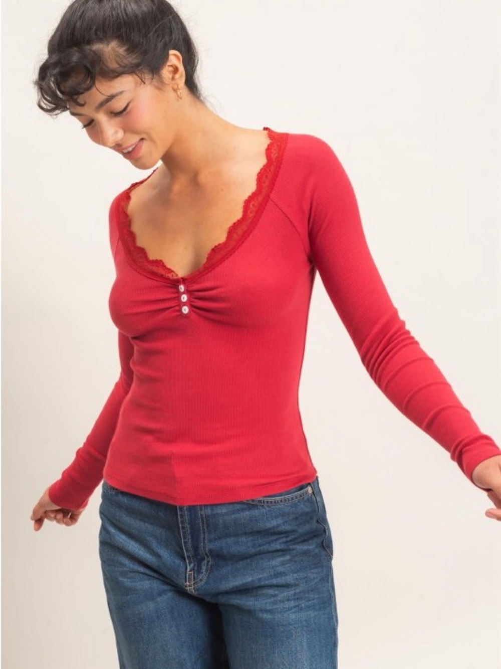 Red - Lace Trim Henley Top
